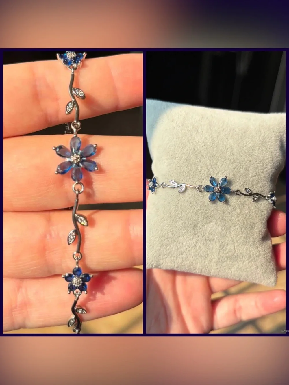 Delicate Blue Floral Bracelet - Silver Tone